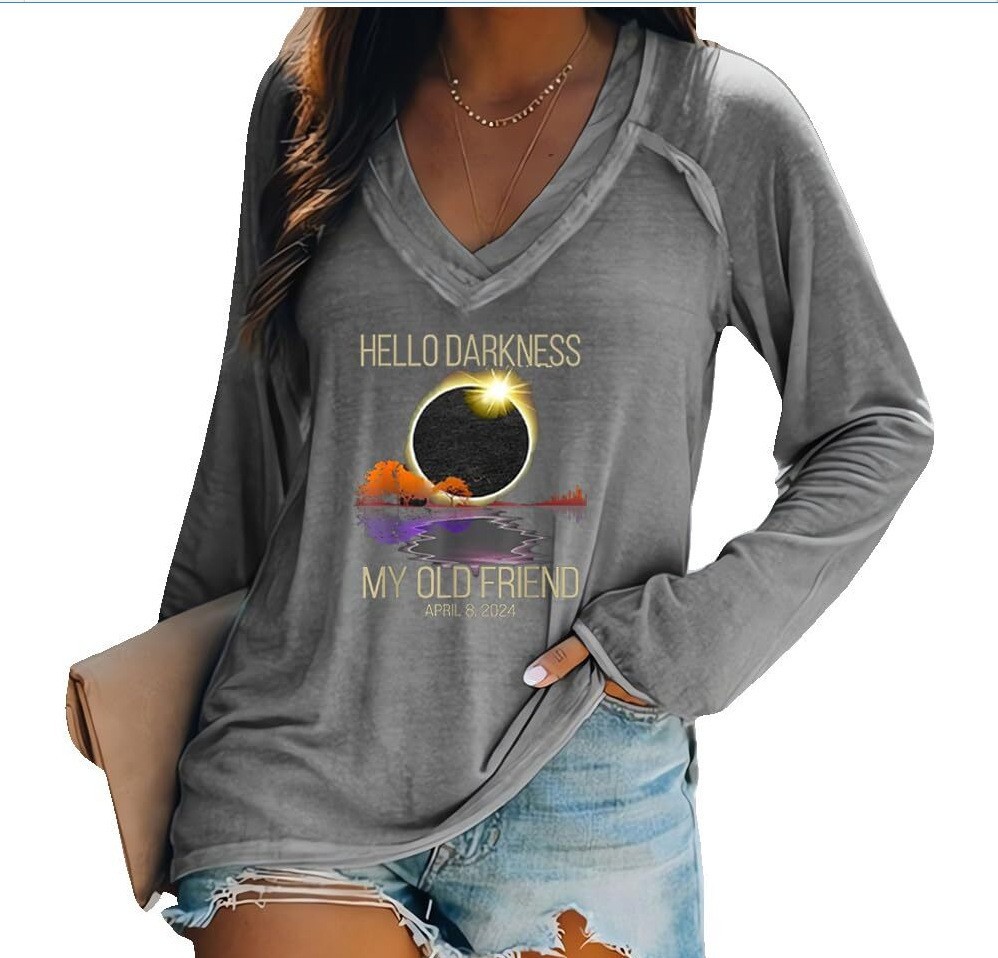 外贸跨境夏季女装简约休闲v领长袖T恤印花T恤女 独立站厂家货源