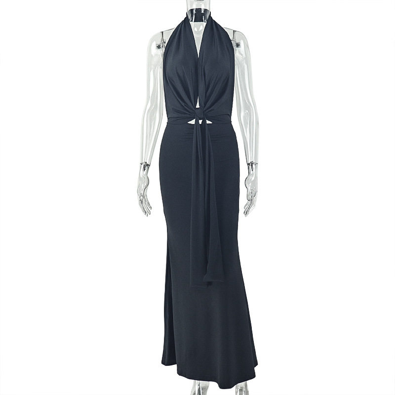 Fashionable Backless Halter Maxi Dress Loose Fit Ruched Design Comfortable Fabric Casual Home Wear Wholesale