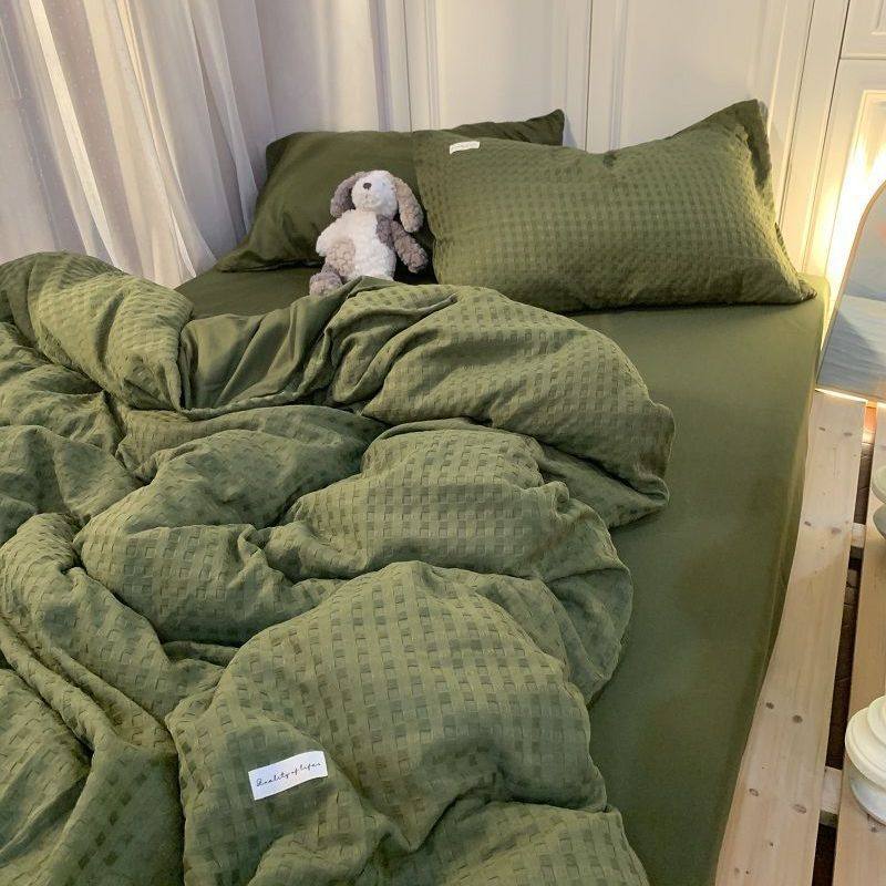 Light Luxury Washed Cotton Waffle Bedding Four-Piece Set Olive Green Duvet Cover Bed Sheet Dormitory Three-Piece Set Wholesale