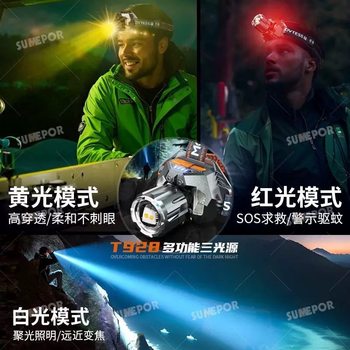 Led Head-Mounted Three-Color Outdoor Strong Light Ultra-Bright Flashlight Charging Sensor Long-Range Ultra-Long Life Fishing Miner's Lamp