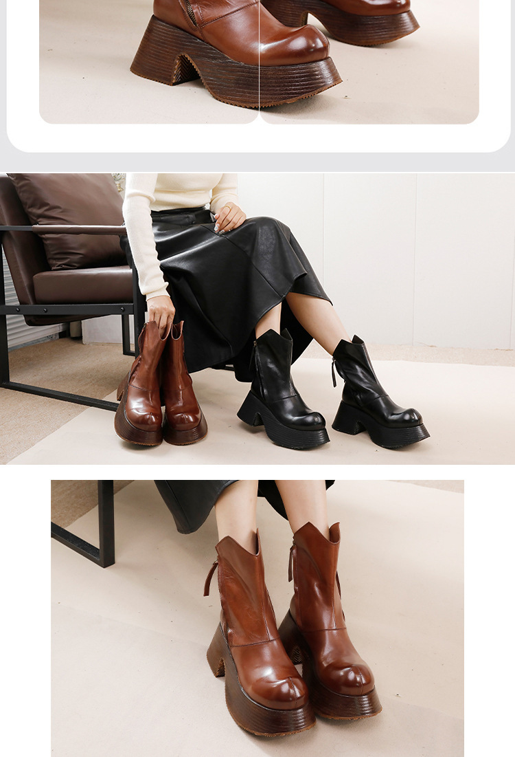 Boot nữ cổ thấp da ngựa thật gót thô khóa kéo bên — Màu cà phê, Màu đen