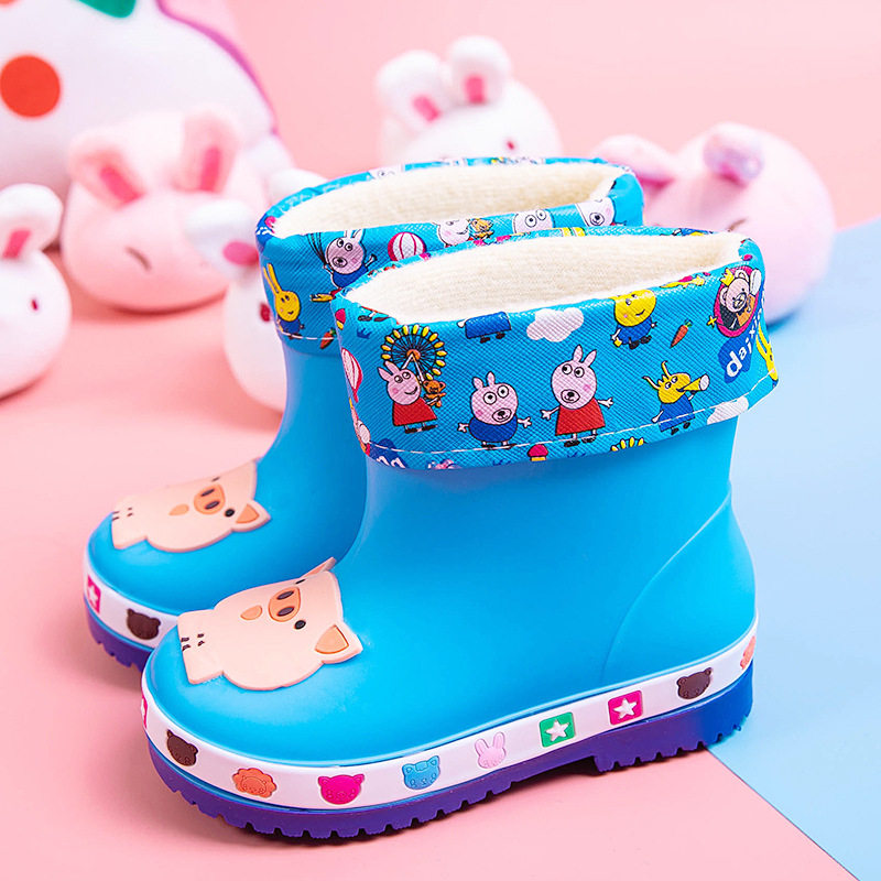 Taobao explosions pig cartoon children's rain shoes boys and girls baby waterproof velvet warm rain shoes cross border