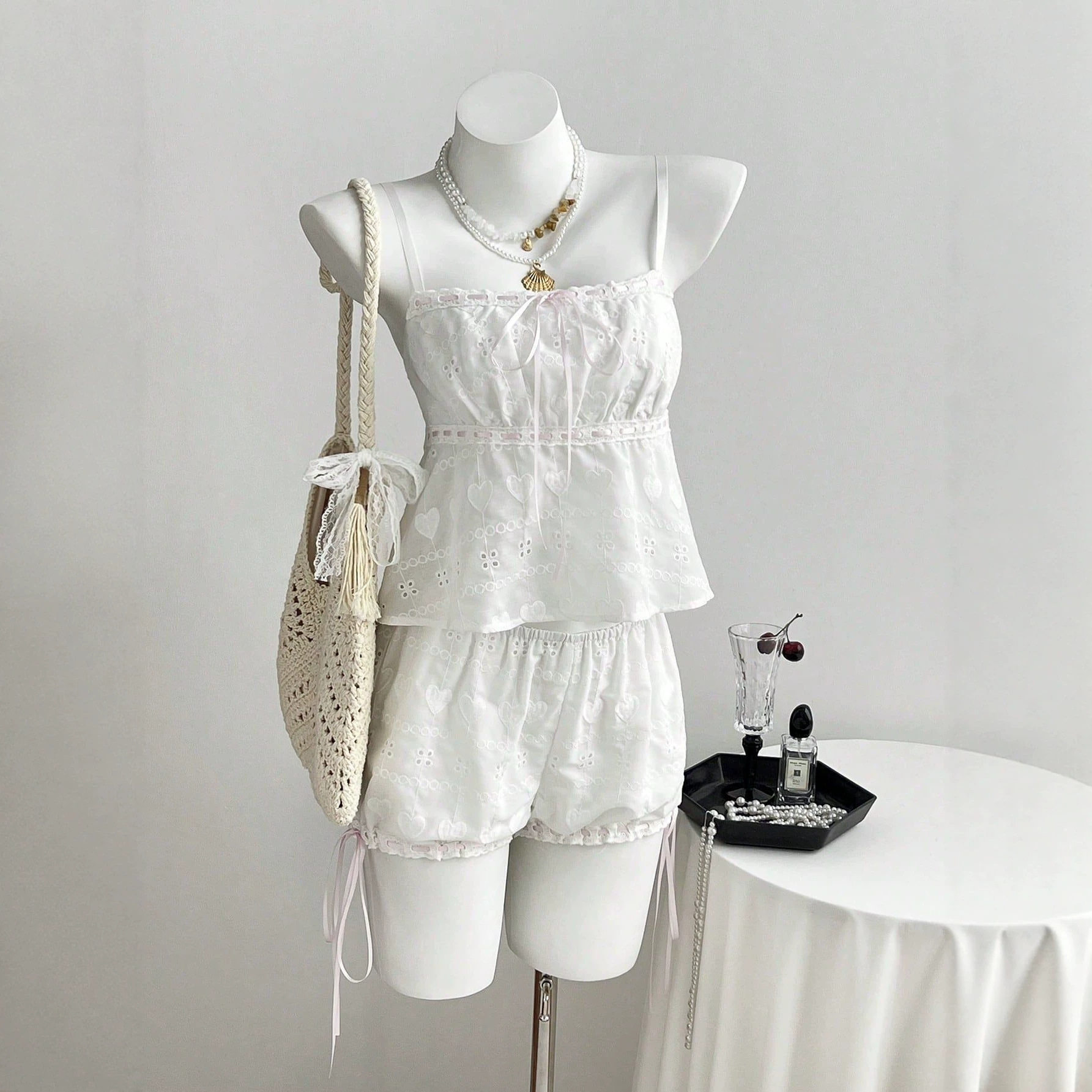 Summer Sweetheart Hollow Out Cami Top and Peplum Pants Set Womens Fashion Casual Style Lightweight Fabric Ready to