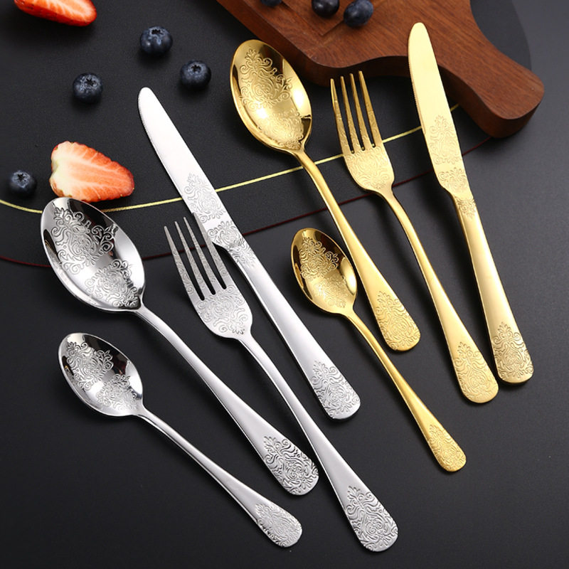 Cross-Border Nordic Stainless Steel Western Cutlery Set with Four Main Pieces: Steak Knife, Fork, and Spoon, Thickened Gift Set with National Trend Style