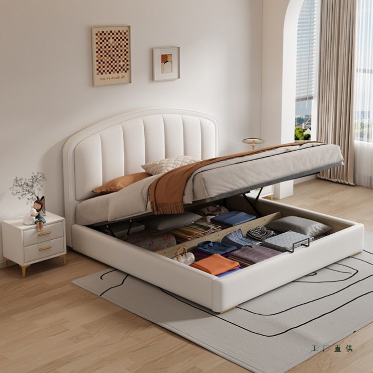 Cream-Style Genuine Leather Bed, Light Luxury Master Bedroom, 1.8m Double Storage Bed, Modern Simple Small Apartment, 1.5m Solid Wood Wedding Bed
