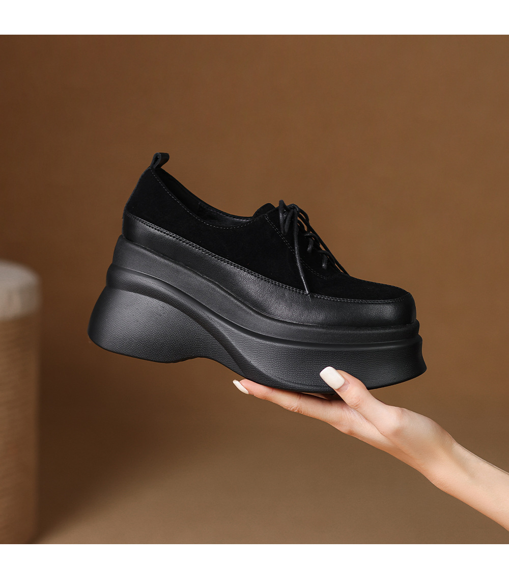 Giày lười nữ đế bánh mì gót xuồng 9cm da lộn cừu buộc dây — màu đen, Màu nâu