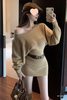 Pure Desire Hot Girl Belted Hip Skirt Two-Piece Sexy Slanted Shoulder Spring and Winter Long Sleeve Tight Slimming Bottoming Dress Short Skirt