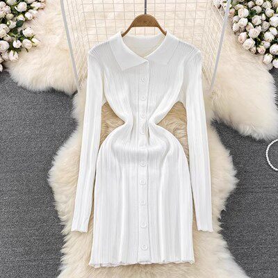 Vintage Inspired Long Sleeve Polo Dress Slim Fit Waist Defining Knitted Fabric Autumn Fashion for Women Wholesale