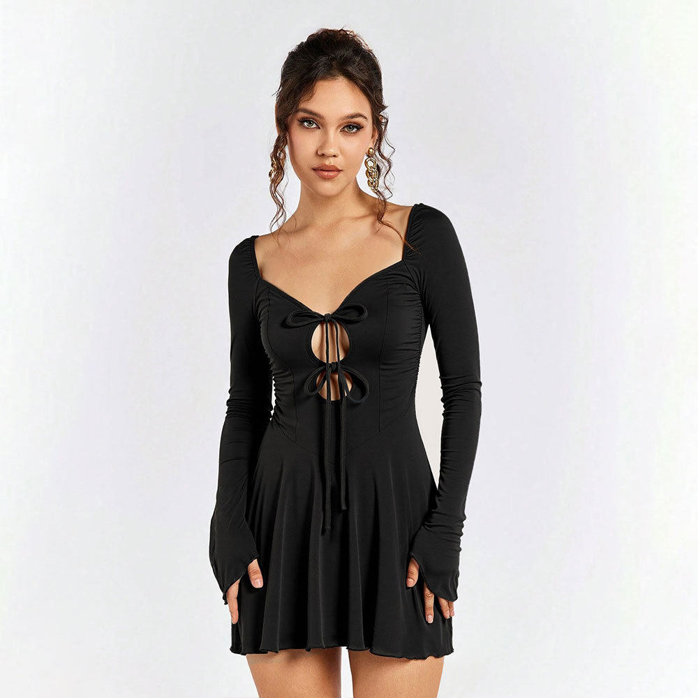 Sexy Hollow Out Tie Back Dress Ruffle Hem Slim Fit Spring Summer Style Wholesale Available private label