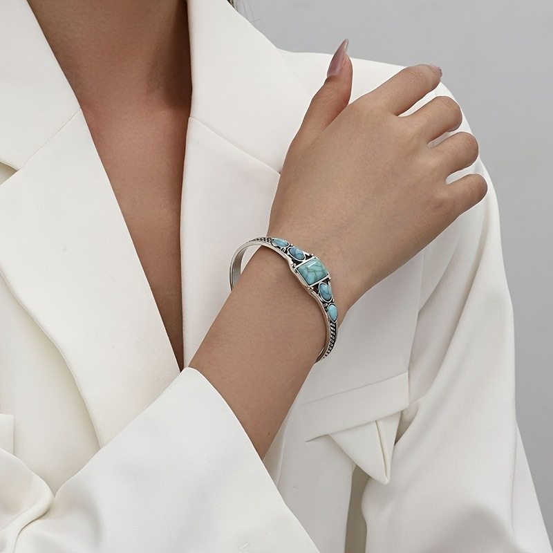 European and American Bohemian Retro Turquoise Carved Cut Out Geometric Shape Bracelet Bracelet Opening Adjustable