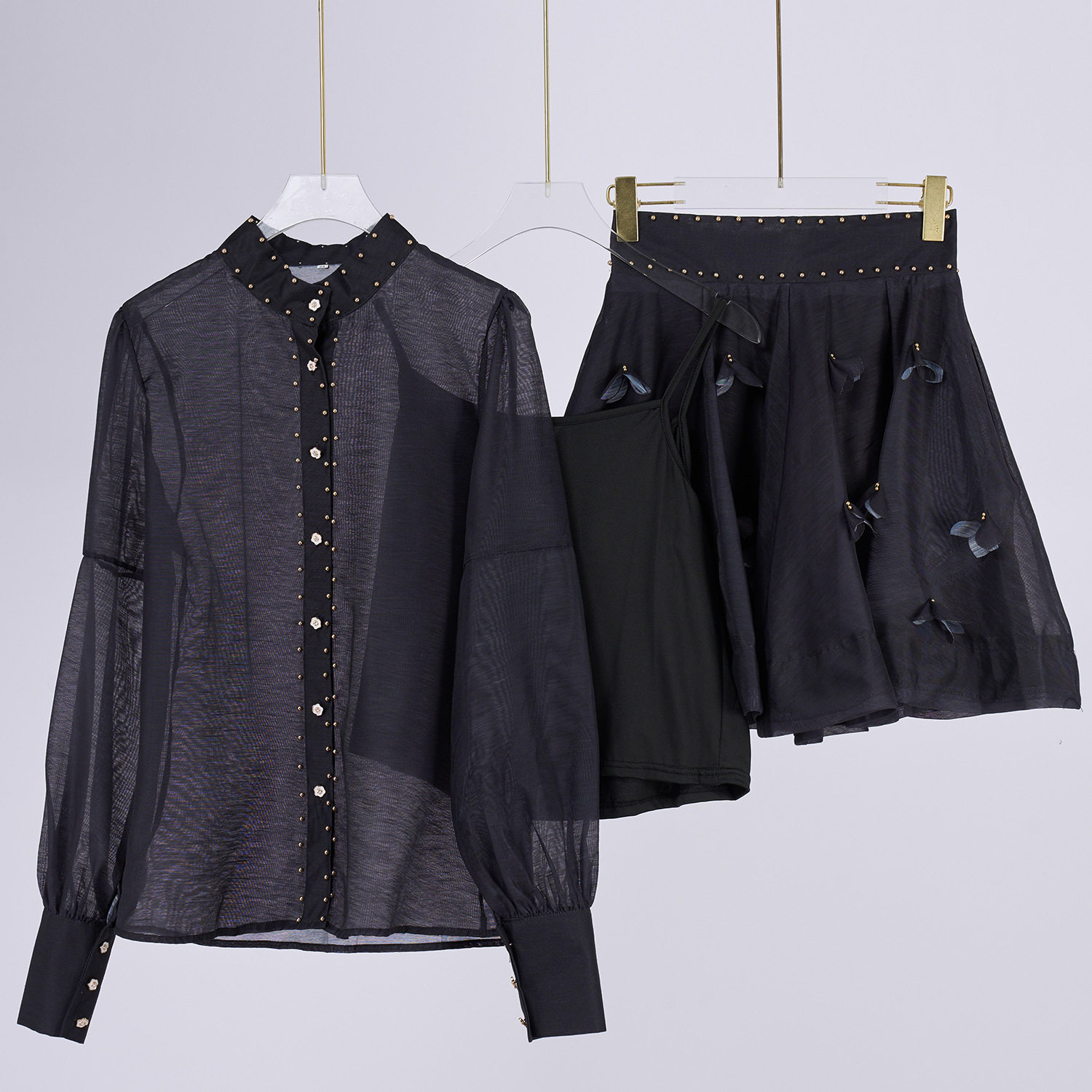 Long Sleeve Lantern Collar Button Up Shirt with Beaded Detail Waist Defining Fit A Line Mini Skirt Set for Spring Summer