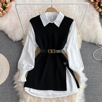 Spring and Autumn Long-sleeved suit Women's White Shirt Sweater Vest Age-reducing Loose Knitted Vest Shirt Two-piece Set for Women