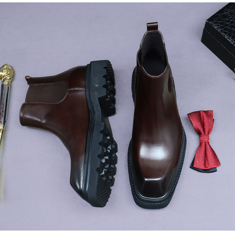Boot Chelsea nam da bò cổ thấp đế dày phong cách công sở — Lớp lót lông cừu màu nâu cà phê, Màu đen, Lót lông cừu màu đen, Màu cà phê