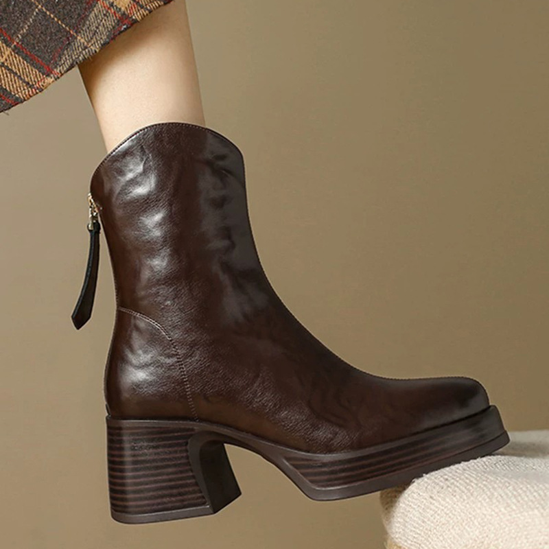 Boot nữ cổ thấp gót thô phong cách thời trang thanh lịch — Màu đen, Màu nâu
