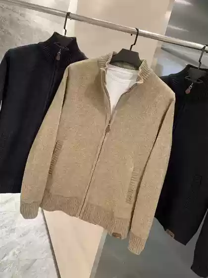 Men's Special Offer! Chenille Texture! Thickened Warm Autumn and Winter Stand Collar Solid Color Knit Sweater Jacket for Men