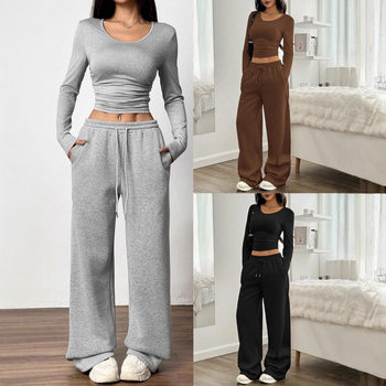 European and American Women's Clothing Cross-Border Fashion Casual Wide-Leg Pants Long-Sleeved Round Neck Solid Color Slim Two-Piece Autumn and Winter Suit
