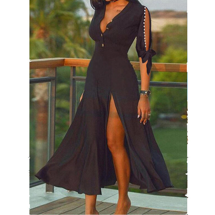 Elegant Pearl Embellished V Neck Split Maxi Dress 5 Point Sleeve Flowing Fabric Lightweight Perfect for Formal