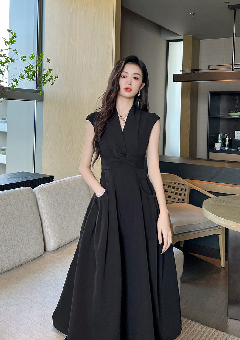Đầm maxi nữ thắt eo cổ V tay ngắn có túi — [Đen] chi tiết 4