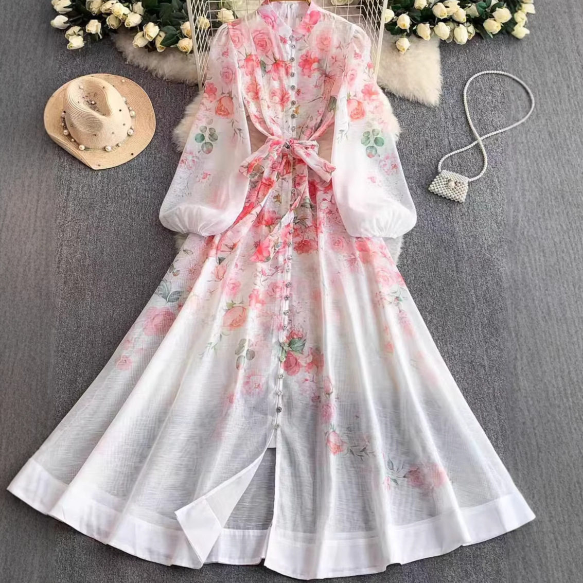 French Floral Hollow Out Bell Sleeve Dress Summer Long Sleeve Waist Tie Elegant Design Perfect for Parties and