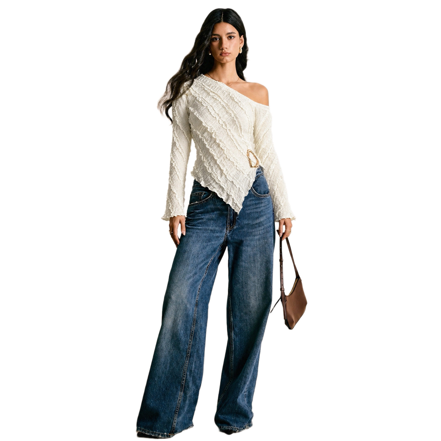 Asymmetrical Hem Long Sleeve T Shirt French Texture Slim Fit Flare Sleeve Stylish Design Casual Wear Wholesale