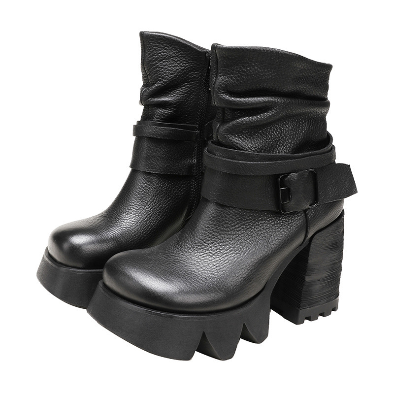 Boot nữ da bò thật gót thô cao cổ ôm bắp chân khóa kéo bên — Màu đen, Màu nâu đậm