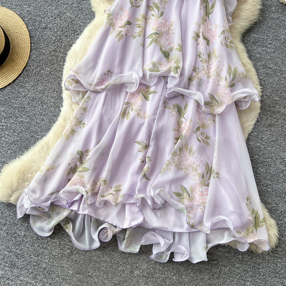 French Vacation Style Purple Floral Sleeveless Dress Ruffle Hem Flattering Fit Summer Elegance Wholesale Available