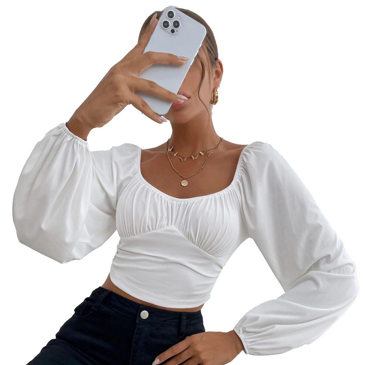 Casual Womens T Shirt Long Sleeve Waist Defined Short Crop Spring Summer Fashion for Parties and Vacations