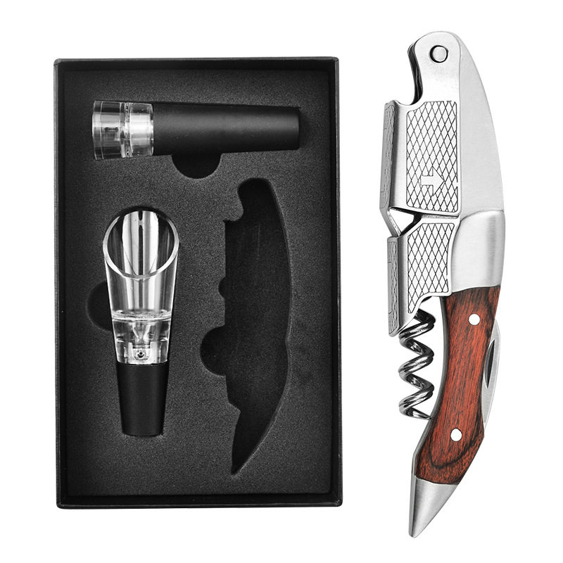 Stainless Steel Large Reticulated Red Wine Bottle Opener Red Wine Pour Vacuum Stopper Bottle Opener Three Piece Set Wholesale