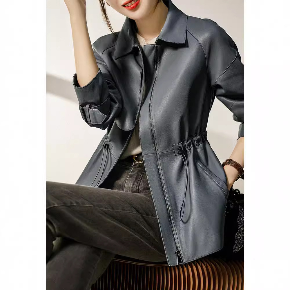 Áo khoác da cừu nữ dáng ngắn cổ vuông phối dây rút — Màu xanh lam sương mù