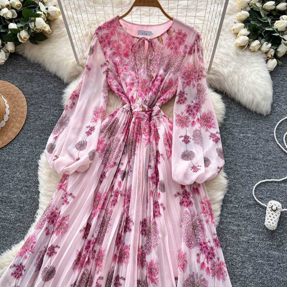 Elegant French Style Womens Dress High End Design Waist Defining Round Neck Lantern Sleeves Floral Print Perfect