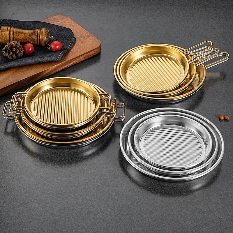 Double-Eared Stainless Steel Pizza Plate Korean Seafood Plate Single-Handle Round Baking Pan Snack Plate Fried Chicken Plate French Fries Plate Home
