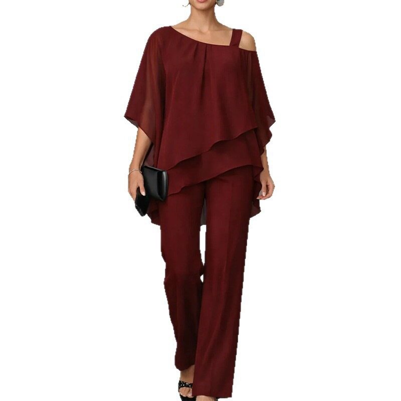 Womens Summer Outfit Set Stylish Solid Color Asymmetrical Neckline Batwing Sleeve Straight Pants Casual Wear