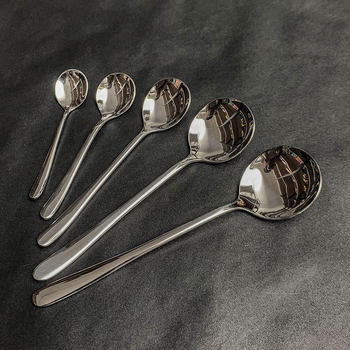 Stainless Steel Korean-Style Spoon, Thickened Long-Handled Stirring Spoon, Western-Style Dessert Coffee Spoon, Round Spoon, Household Dining Spoon, Bird's Nest Spoon