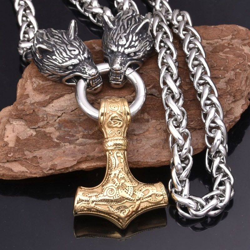 Cross-border Hot Selling Retro Rune Hammer Pendant Wolf Head Necklace Men's Punk Necklace Nordic Norway Jewelry Wholesale