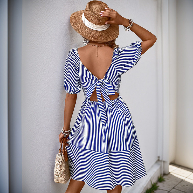 French Country Style Striped Dress Sweet Square Neck Puff Sleeves Lightweight Fabric Perfect for Spring Summer Events