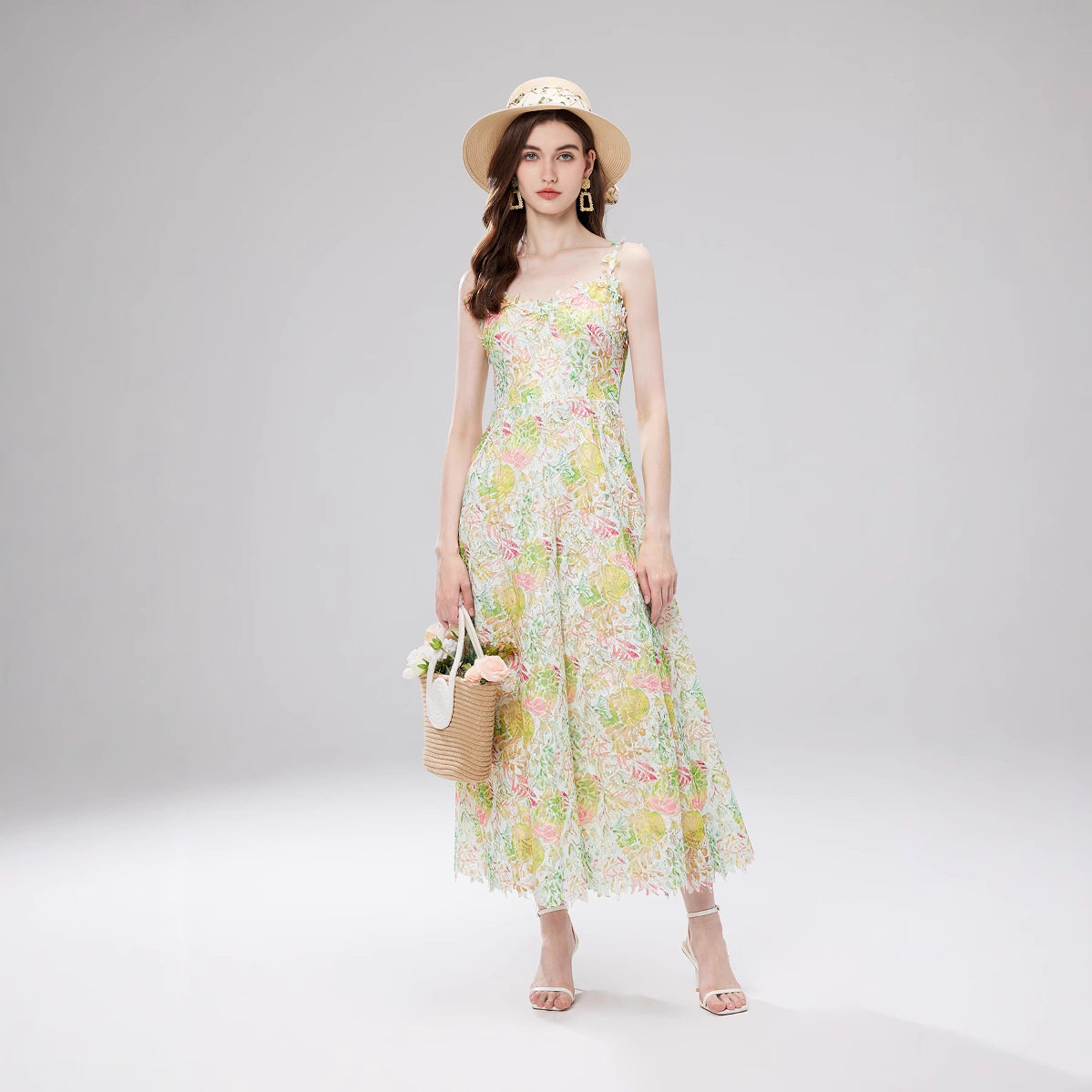 French Inspired Summer Dress Colorful 3D Floral Embroidery Hollow Out Design Lace Fabric Perfect for Casual Outings
