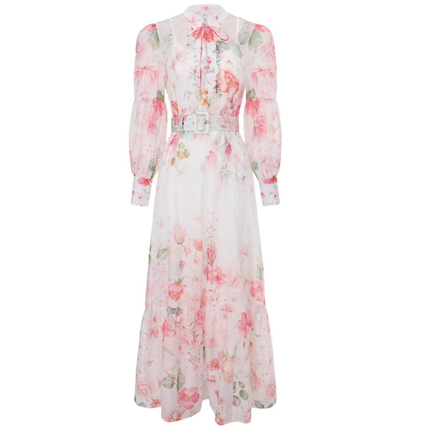 Elegant Floral Print Long Dress for Women Lightweight Lantern Sleeve Waist Defined Ruffle Hem Perfect for Spring