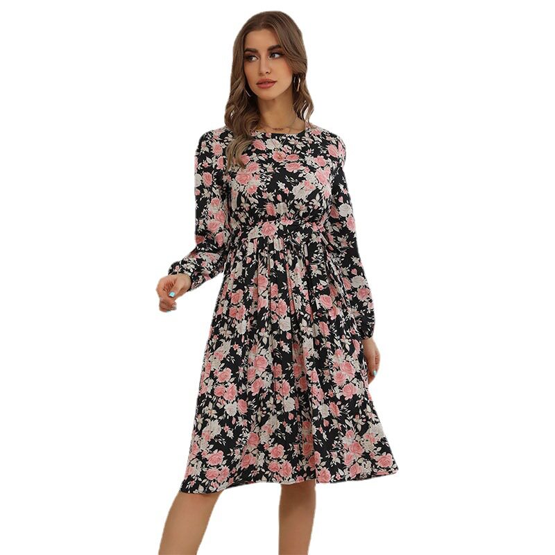 Floral Pleated Mini Skirt Dress Long Sleeve Stylish Design Autumn Wear Wholesale Available OEM ODM service