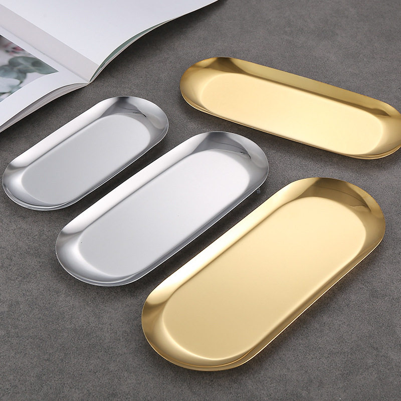 Stainless Steel Tray Towel Tray Oval Tray Restaurant Jewelry Storage Flat Bottom Gold Small Tray Vintage Tray Home Tableware