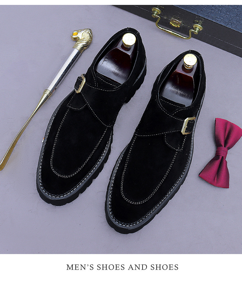 Giày loafer nam da bò lộn mũi tròn khóa cổ điển đế dày tăng chiều cao — đen, màu nâu mocha