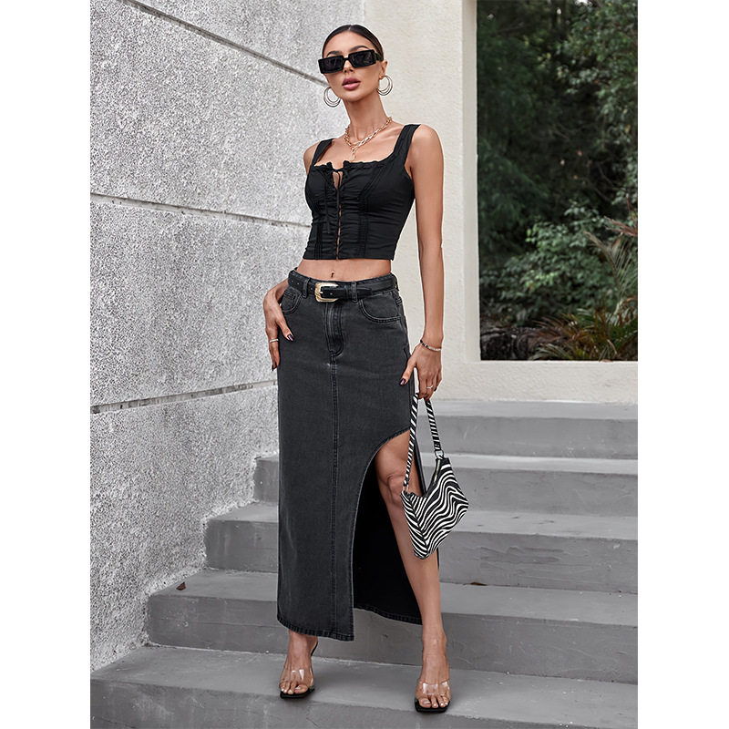 High Waisted Split Denim Skirt Fashionable Womens Apparel Trendy Casual Wear for Spring Summer Wholesale Available