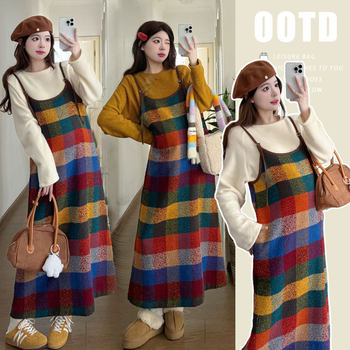 Pregnant Mother Outfits~ Maternity Wear Autumn and Winter Dress 2025 New Rainbow Contrast Plaid Suspender Skirt Fashion Suit