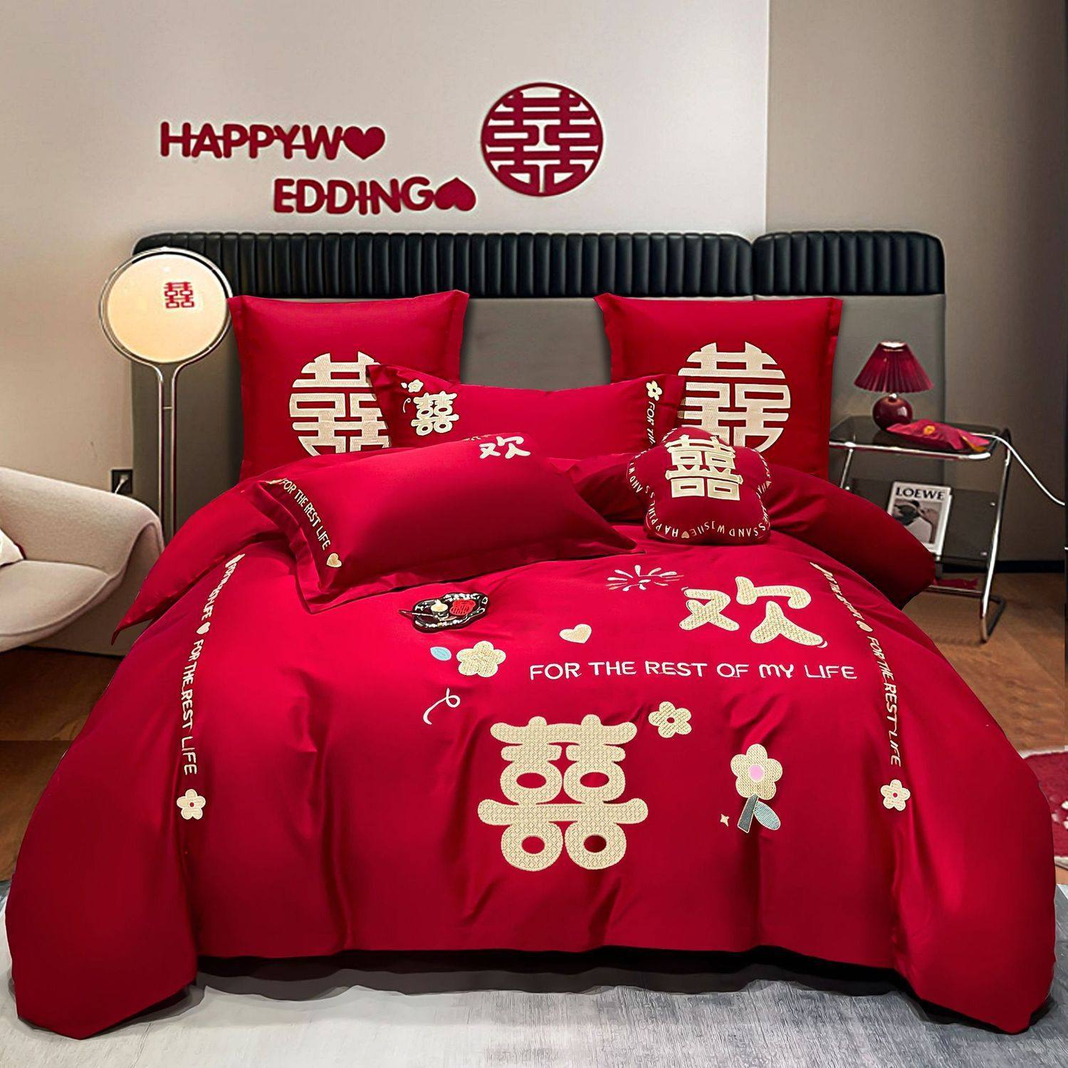 Wedding Bed Four-Piece Set Wedding Big Red Embroider Wedding Room Wedding Supplies Classy Chinese Style Wedding Bedding Set