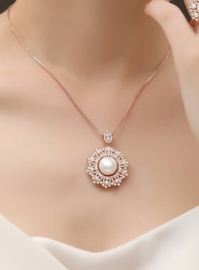 闽粤S925纯银货源镶贝珠吊坠民族风玫瑰金秋冬款项链淡水珍珠