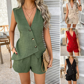 2025 Spring and Summer Cross-Border European and American Casual Pure Color Holiday Style Button Cardigan Vest Suit Shorts Suit Women's Clothing