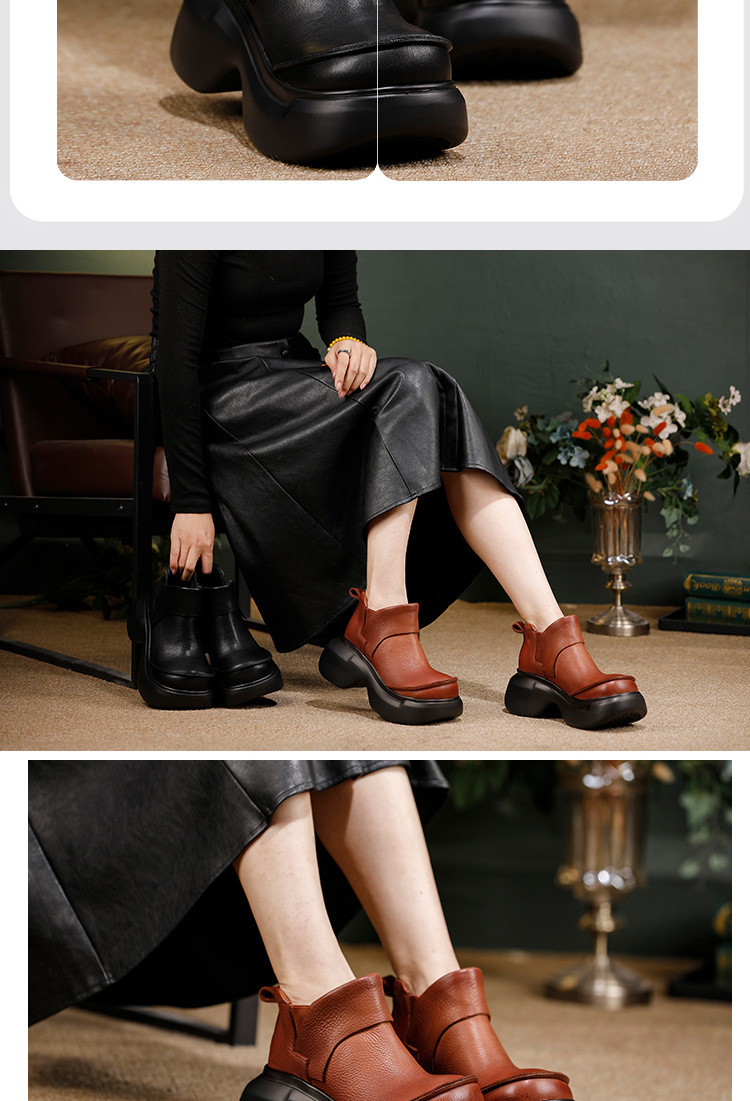 Boot nữ cổ ngắn da bò thật đế dày tăng chiều cao — màu đen, Màu nâu