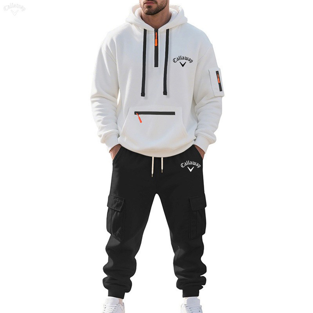 2025跨境男装亚马逊冬季加绒男士休闲套装宽松运动多口袋工装套装