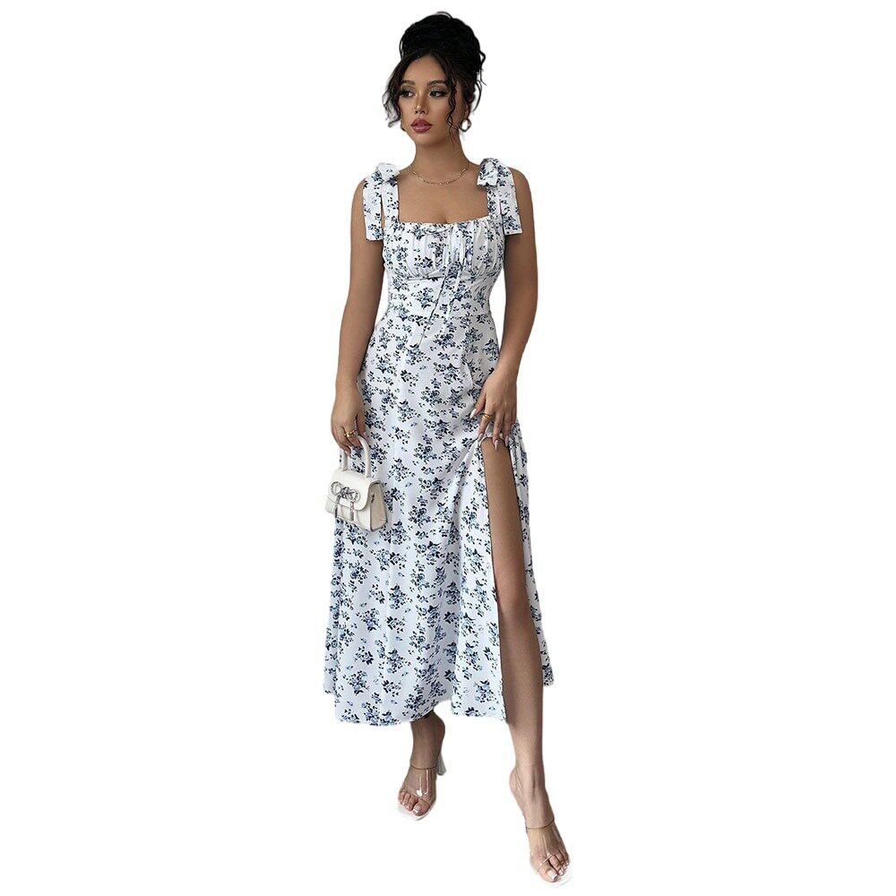 Sweet Floral Print Maxi Dress Square Neck Sleeveless High Slit Summer Casual Wear Wholesale Available