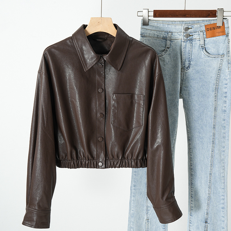 Áo Da Nữ Chất Liệu Da Bò Kín Cổ Hàng Mùa Xuân Thu Đông