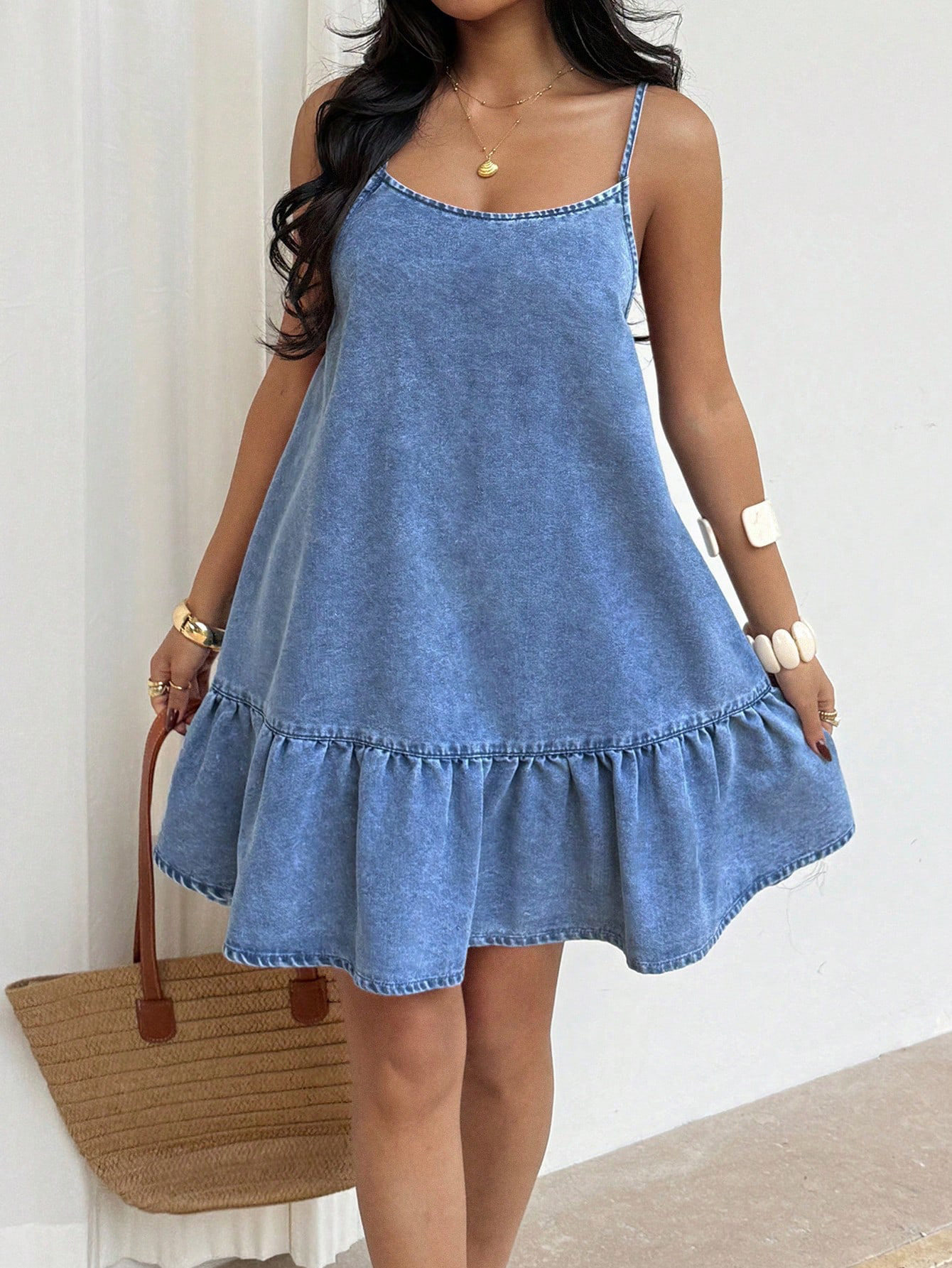 Summer Denim Dress for Women Ruffle Hem Casual Style Vacation Wear Ready to Ship Low MOQ customizable